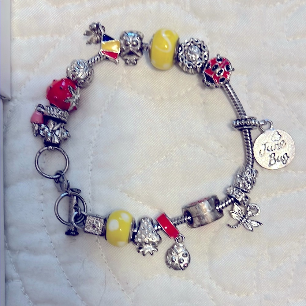 NWOT Charming Silver Tone Bracelet with Red and Yellow Beads